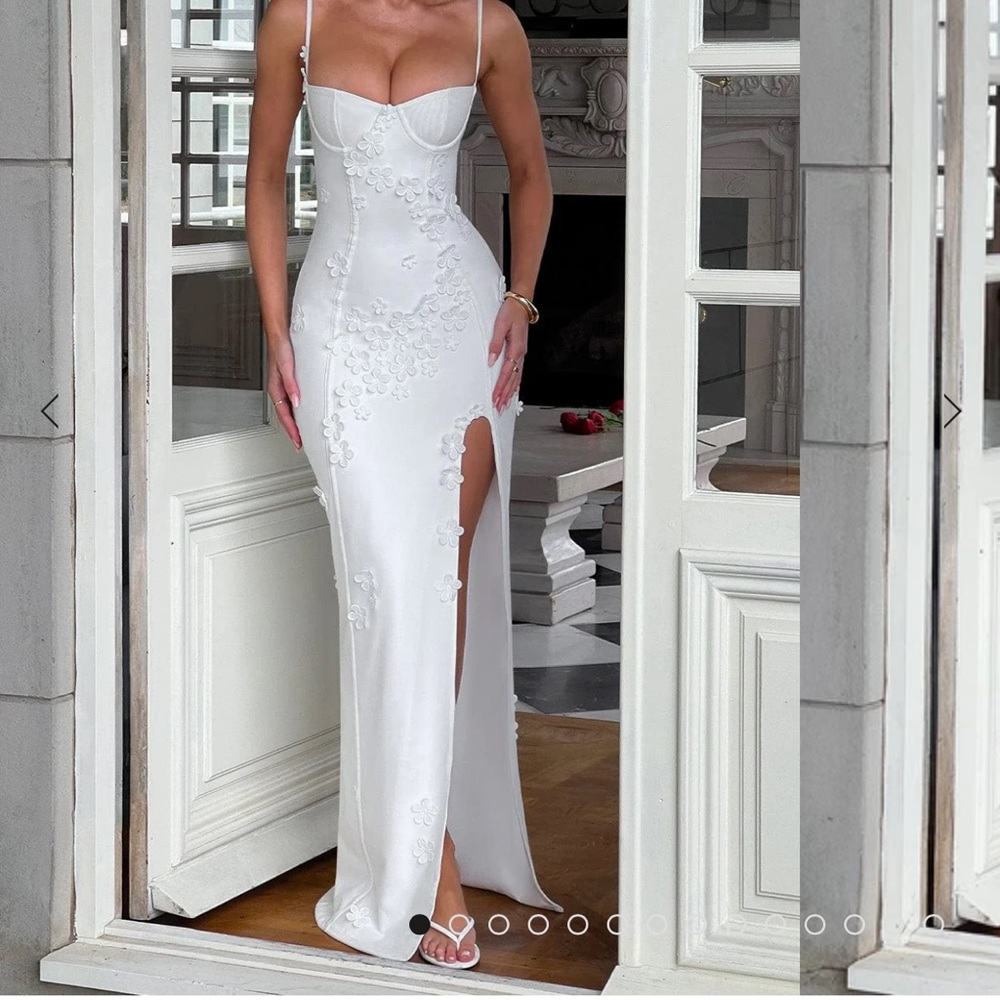 White Embroidered Maxi Slip Dress with Thigh Slit